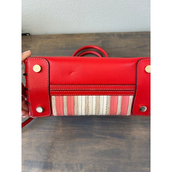 Michael Kors Mercer Red Coral Tan Leather Straw Purse Hand Bag Accordion - Picture 8 of 14